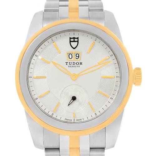 The image shows a front view of a Tudor Glamour 57003-0006 Men's Steel and Gold (two tone) Silver Dial 57003-0006 Men's Steel and Gold (two tone) Silver Dial model watch, featuring its dial, bezel, and part of the bracelet.