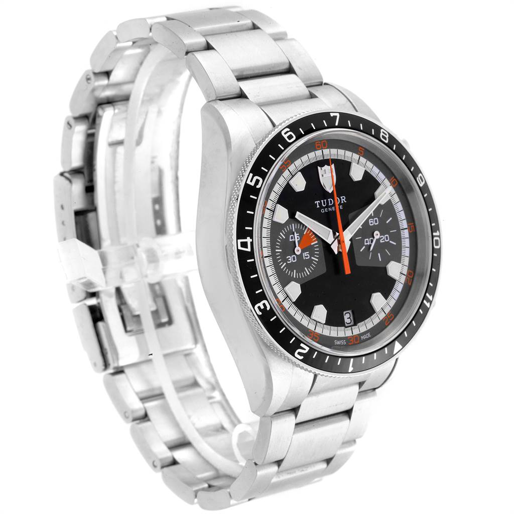 The Tudor Heritage Chrono 70330N Men's Stainless Steel Grey Dial 70330N Men's Stainless Steel Grey Dial watch is shown from an angled front view, displaying its face and metal bracelet.