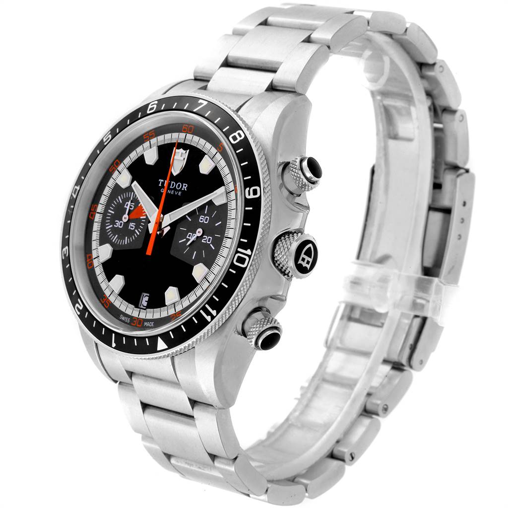 This image shows a side view of the Tudor Heritage Chrono 70330N Men's Stainless Steel Grey Dial 70330N Men's Stainless Steel Grey Dial watch, highlighting its bezel, dial, crown, and metal bracelet.