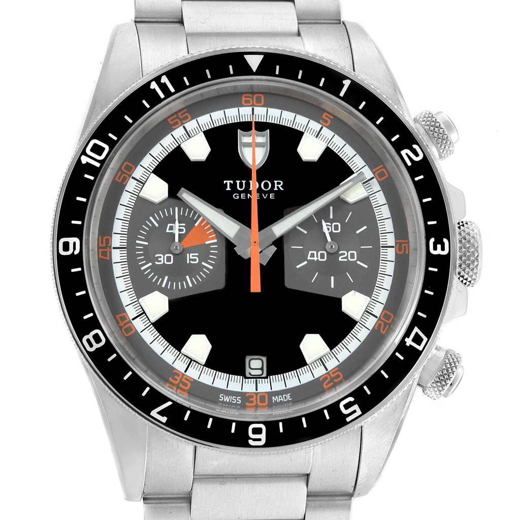 The image shows a frontal view of the Tudor Heritage Chrono 70330N Men's Stainless Steel Grey Dial 70330N Men's Stainless Steel Grey Dial watch, highlighting the face, bezel, dial, and subdials.
