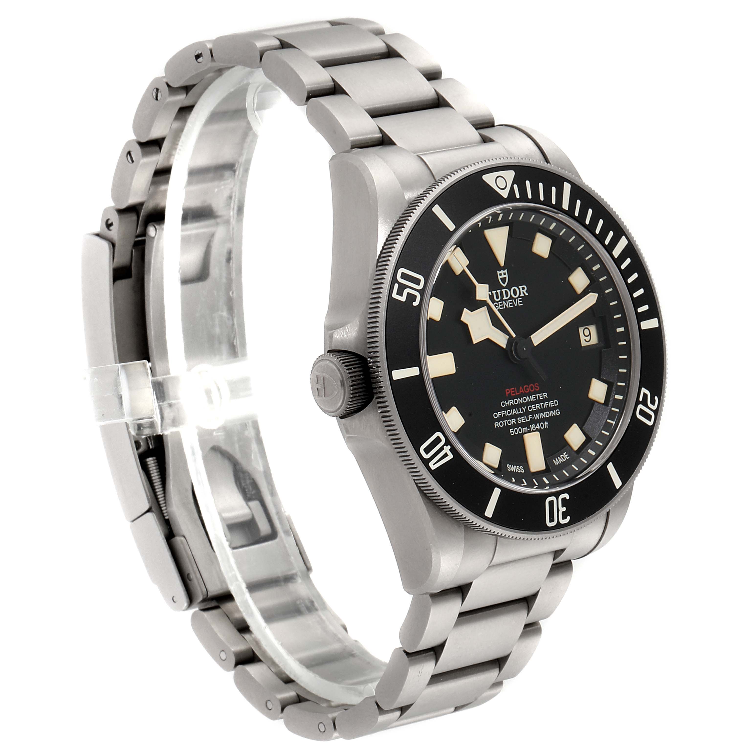 The image shows a side angle of the Tudor Pelagos 25610TNL Men's Titanium Black Dial 25610TNL Men's Titanium Black Dial watch, highlighting its dial, bezel, bracelet, and crown.
