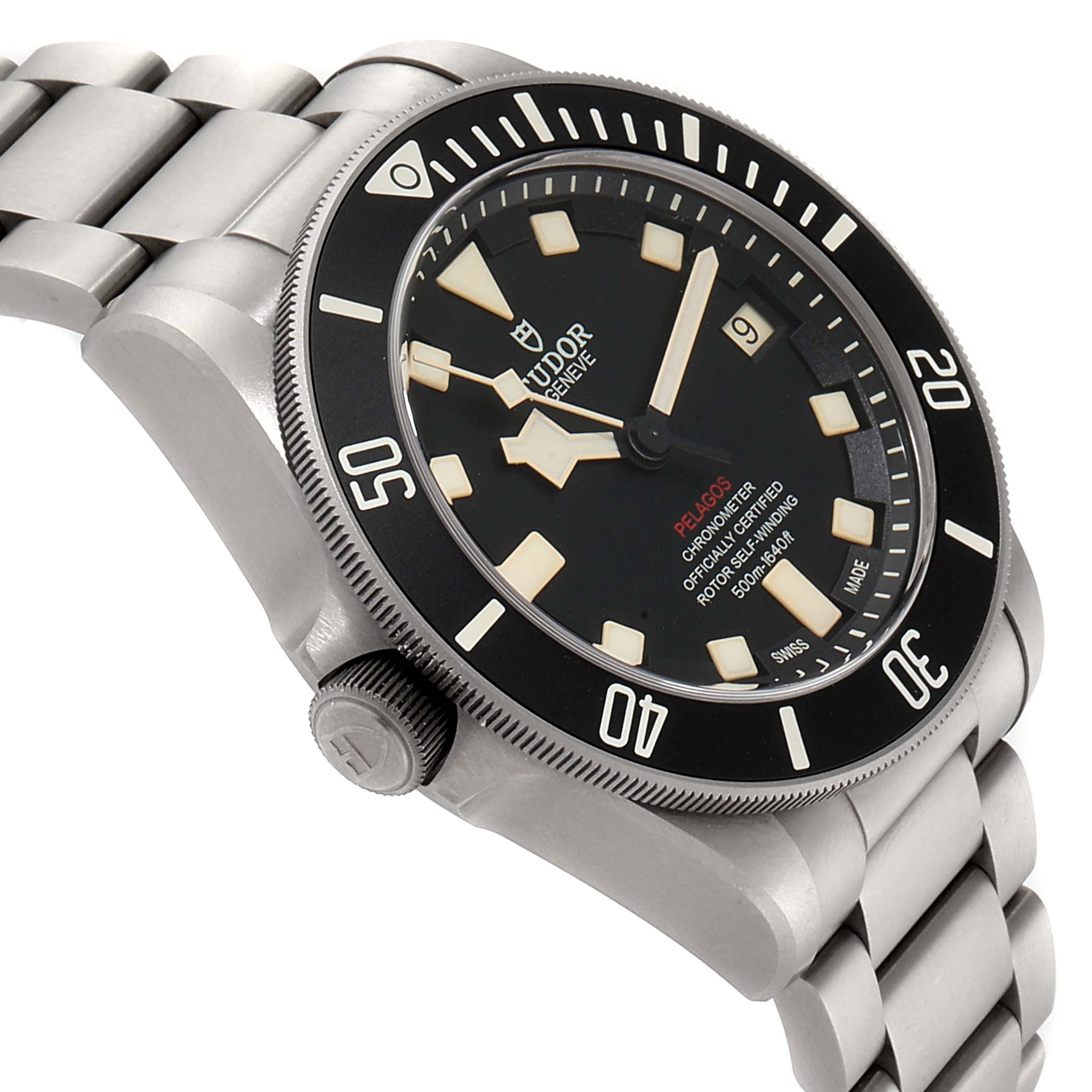 The image shows a side angle of the Tudor Pelagos 25610TNL Men's Titanium Black Dial 25610TNL Men's Titanium Black Dial watch, highlighting its black dial, bezel, and metal bracelet.