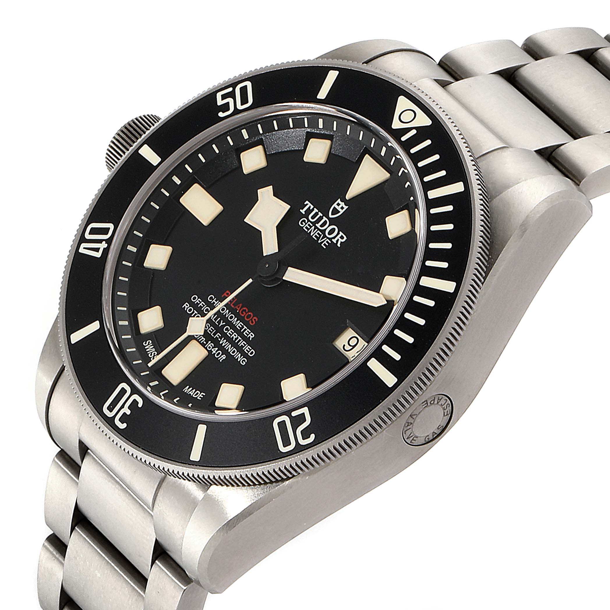 The Tudor Pelagos 25610TNL Men's Titanium Black Dial 25610TNL Men's Titanium Black Dial watch is shown at an angle displaying its face, bezel, crown, and metal bracelet.