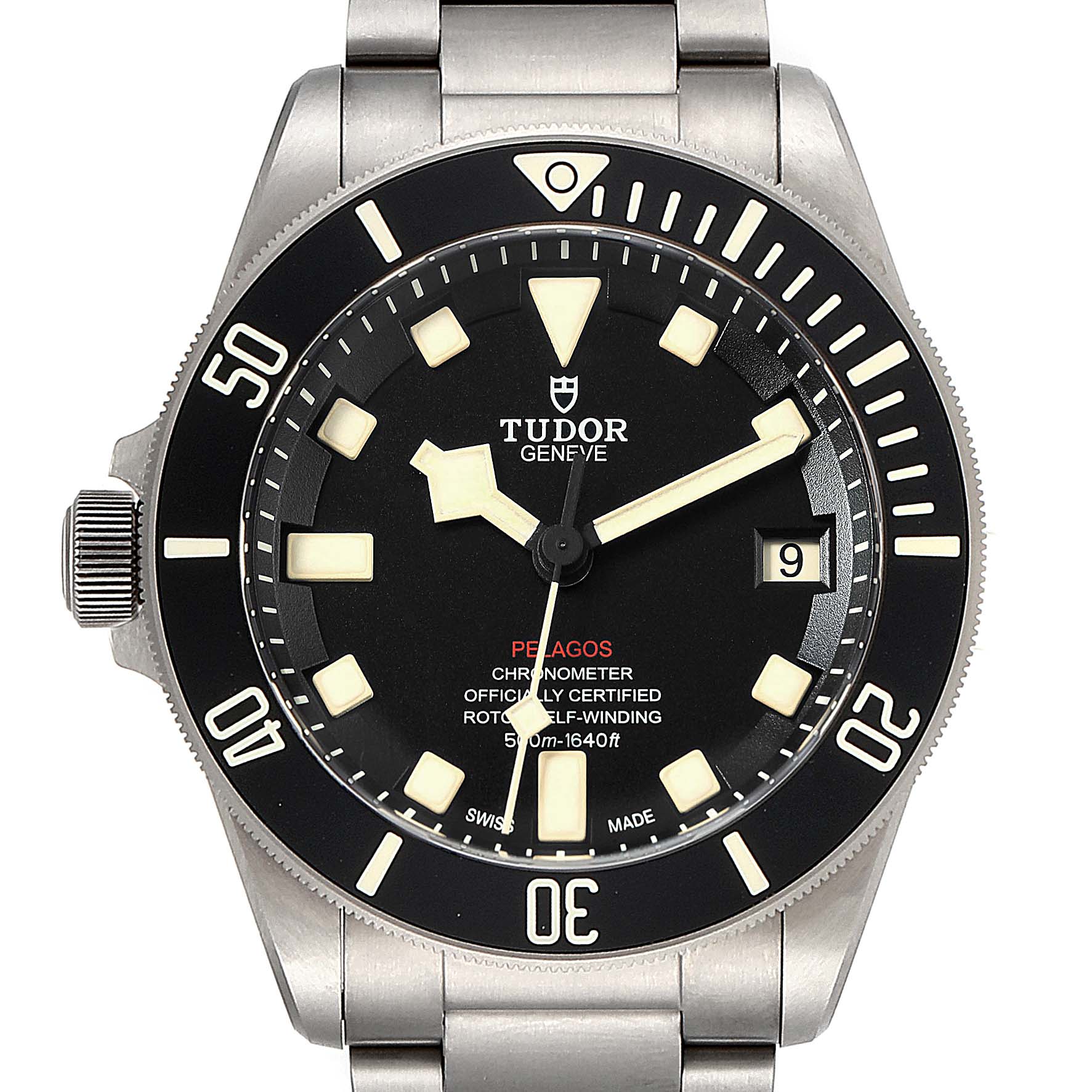 This image shows a frontal close-up view of a Tudor Pelagos 25610TNL Men's Titanium Black Dial 25610TNL Men's Titanium Black Dial watch, highlighting the dial, bezel, and part of the bracelet.