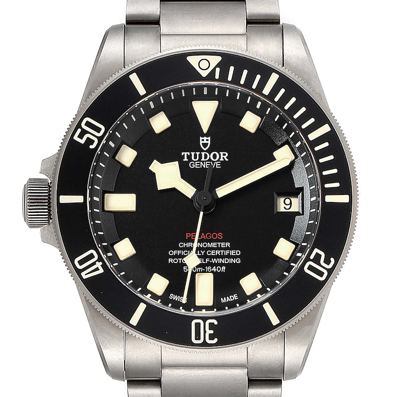 This image shows a frontal close-up view of a Tudor Pelagos 25610TNL Men's Titanium Black Dial 25610TNL Men's Titanium Black Dial watch, highlighting the dial, bezel, and part of the bracelet.
