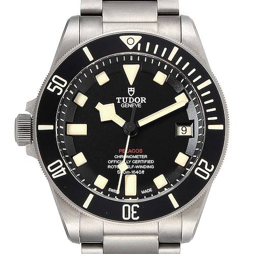 This image shows the front view of the Tudor Pelagos 25610TNL Men's Titanium Black Dial 25610TNL Men's Titanium Black Dial watch, highlighting its dial, bezel, and part of the bracelet.