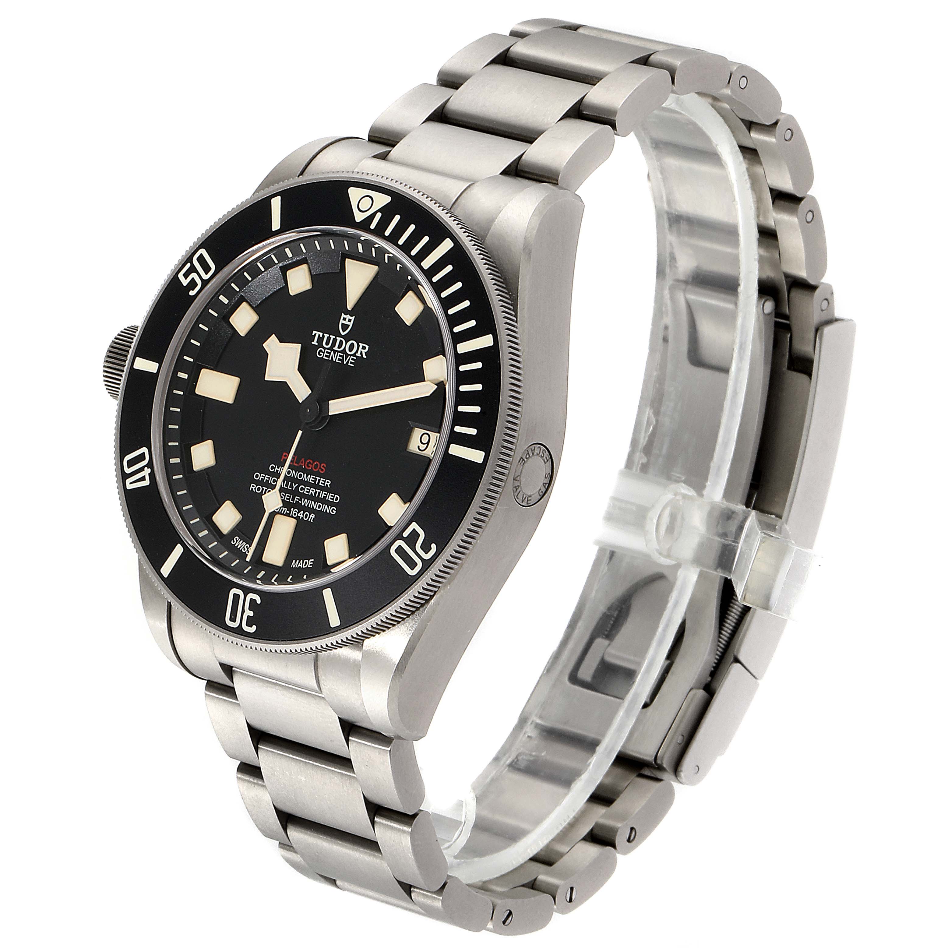 The Tudor Pelagos 25610TNL Men's Titanium Black Dial 25610TNL Men's Titanium Black Dial watch is shown at an angled view, displaying the face, bezel, crown, and bracelet.