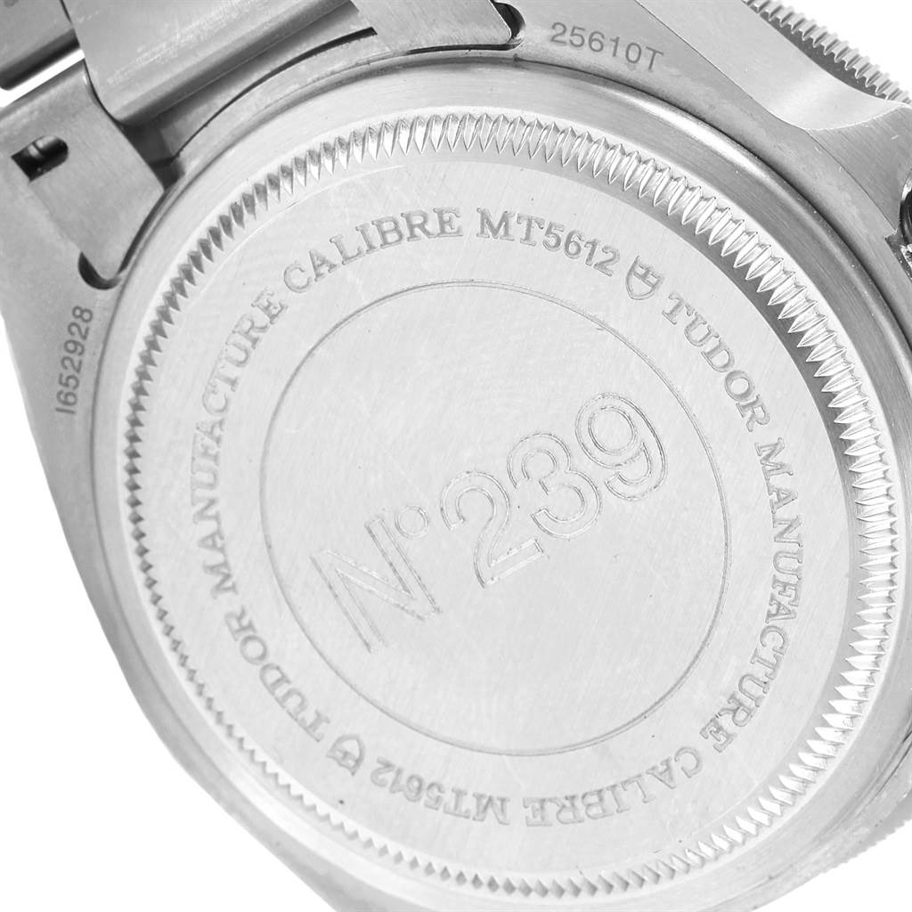 The image shows the case back of the Tudor Pelagos 25610TNL Men's Titanium Black Dial 25610TNL Men's Titanium Black Dial watch, highlighting its engraved details.