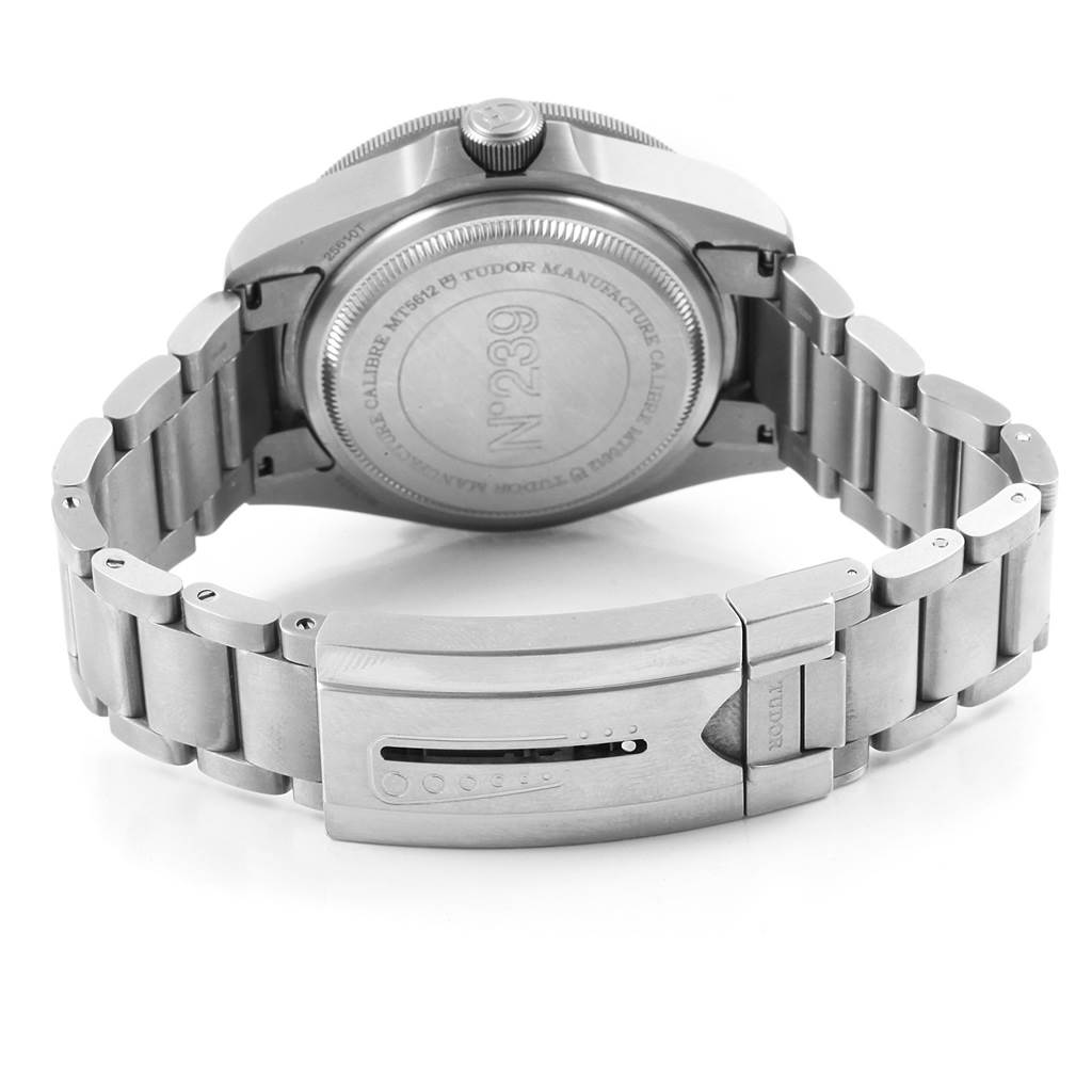 The image shows the back case and bracelet clasp of a Tudor Pelagos 25610TNL Men's Titanium Black Dial 25610TNL Men's Titanium Black Dial watch from a rear angle.