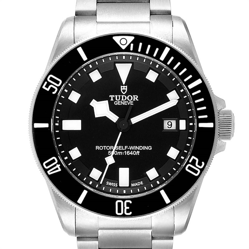The image shows a front view of the Tudor Pelagos 25500TN Men's Titanium Black Dial 25500TN Men's Titanium Black Dial watch, displaying its dial, bezel, bracelet, and crown.