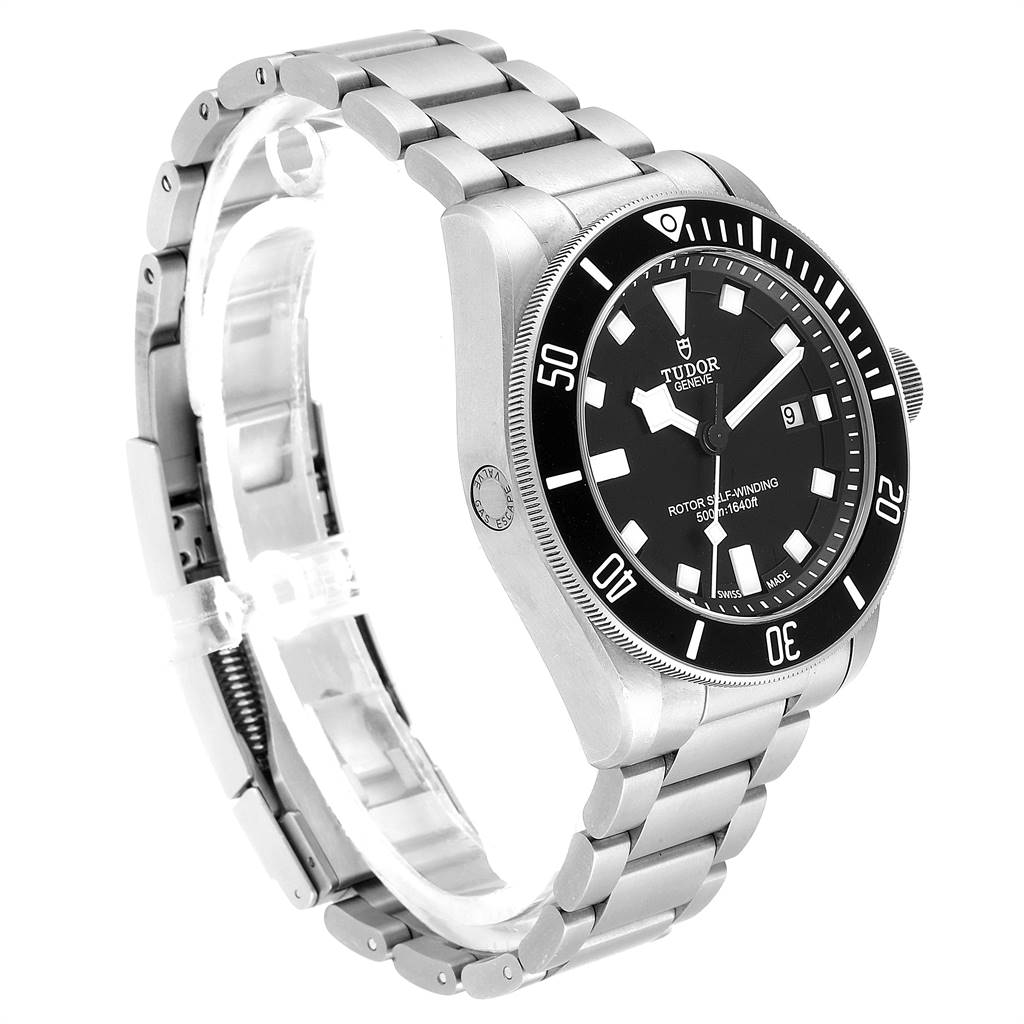 The image shows a Tudor Pelagos 25500TN Men's Titanium Black Dial 25500TN Men's Titanium Black Dial watch at a 3/4 angle, highlighting the dial, bezel, and metal bracelet.