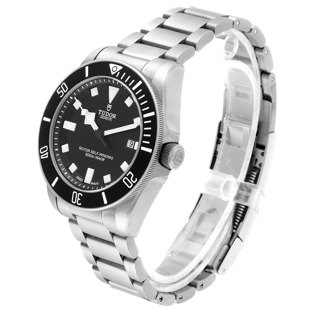 The image shows a Tudor Pelagos 25500TN Men's Titanium Black Dial 25500TN Men's Titanium Black Dial watch at a tilted angle, displaying the face, bezel, crown, and part of the bracelet.