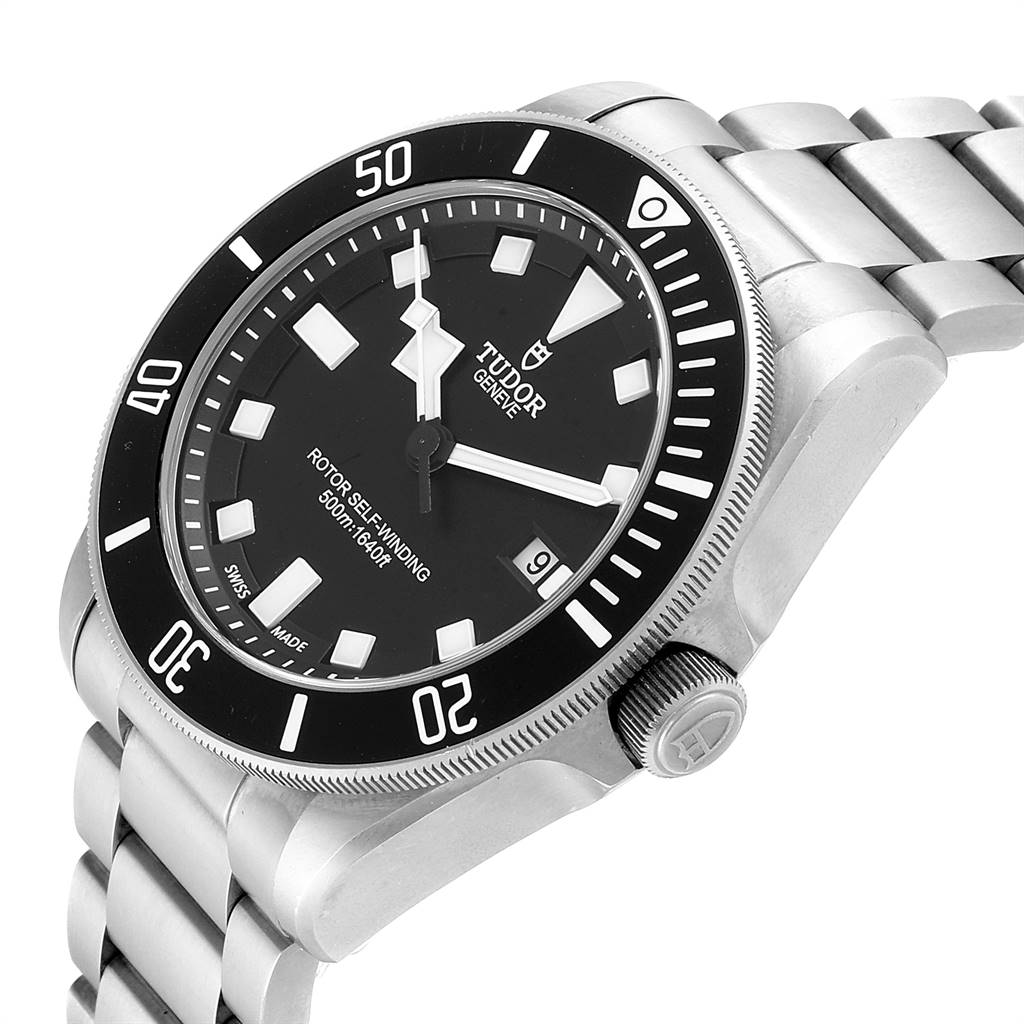 This image shows a side angle of the Tudor Pelagos 25500TN Men's Titanium Black Dial 25500TN Men's Titanium Black Dial watch, featuring its face, bezel, crown, and stainless steel bracelet.