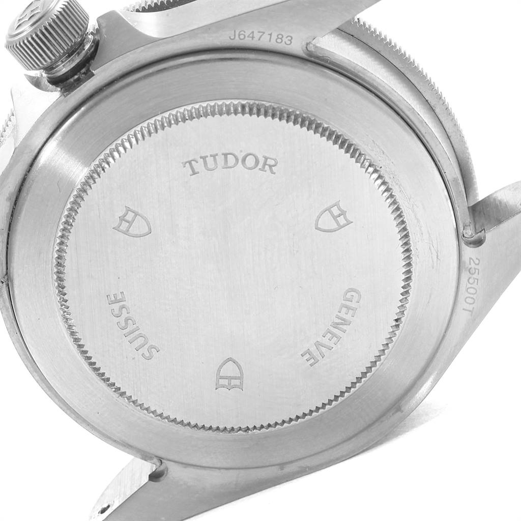 The image shows the back case of a Tudor Pelagos 25500TN Men's Titanium Black Dial 25500TN Men's Titanium Black Dial watch, highlighting the brand engraving and model number.