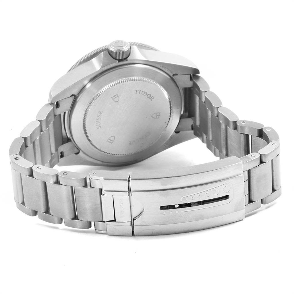 The image shows the back case and clasp of a Tudor Pelagos 25500TN Men's Titanium Black Dial 25500TN Men's Titanium Black Dial watch from an angled view.