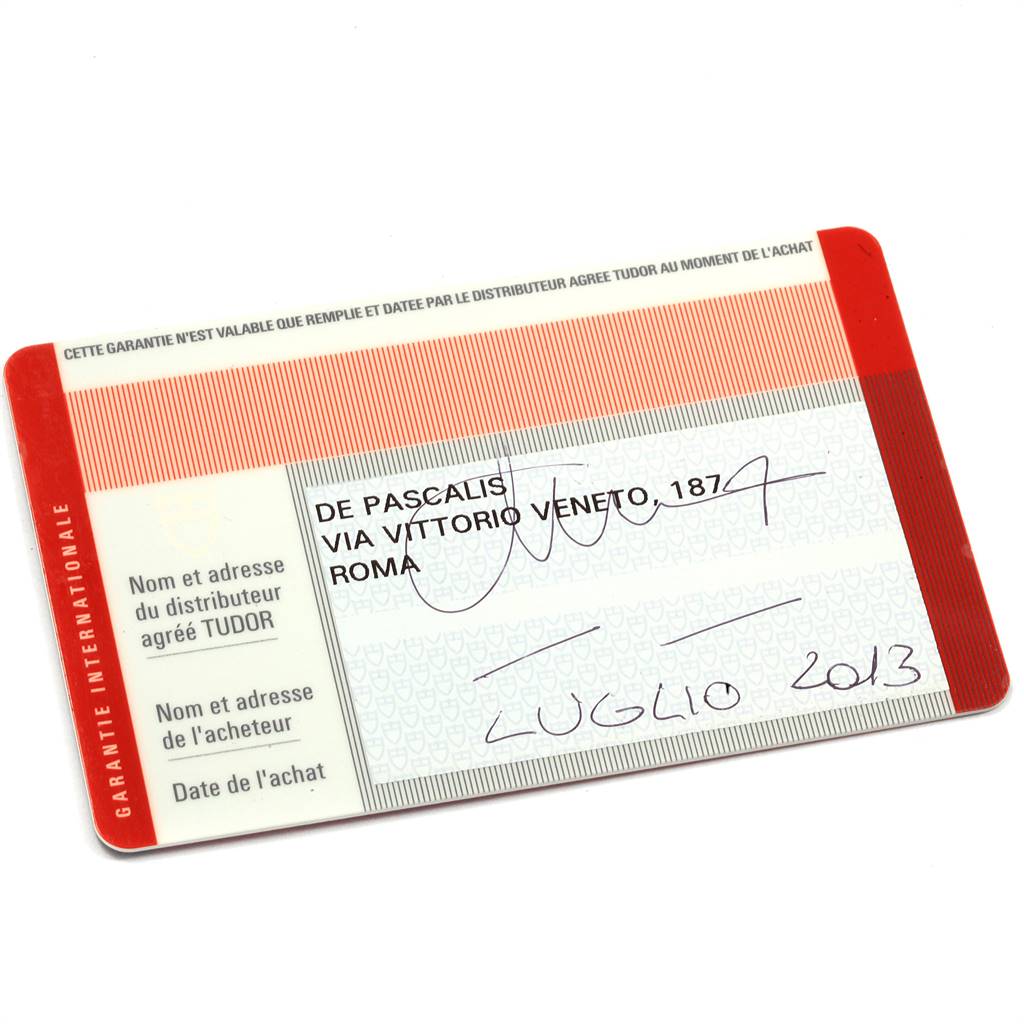 The image shows the warranty card for the Tudor Pelagos 25500TN Men's Titanium Black Dial 25500TN Men's Titanium Black Dial watch, displaying dealer and buyer's information along with the purchase date.