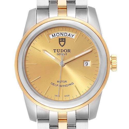 This image shows the face and bracelet of the Tudor Glamour 56003 Men's Steel and Gold (two tone) Champagne Dial 56003 Men's Steel and Gold (two tone) Champagne Dial model watch from a front angle.