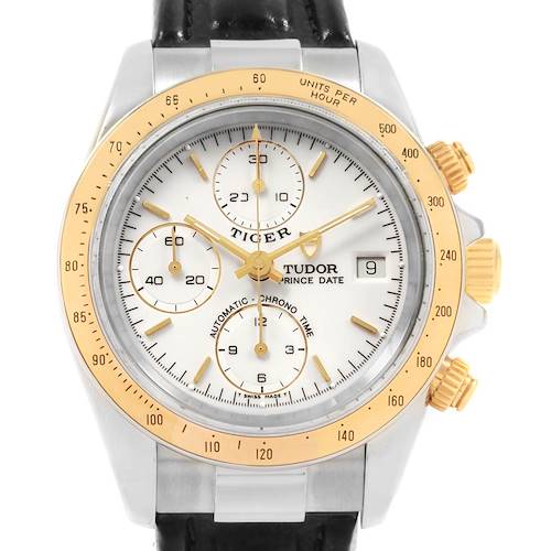 The image shows a front view of the Tudor Tiger 79263 Men's Steel and Gold (two tone) White Dial 79263 Men's Steel and Gold (two tone) White Dial model watch, featuring its dial, bezel, and chronograph subdials.