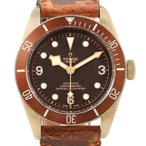 The image shows a front view of the Tudor Heritage Black Bay 79250 Men's Bronze Brown Dial 79250 Men's Bronze Brown Dial watch, highlighting the dial, bezel, and leather strap.