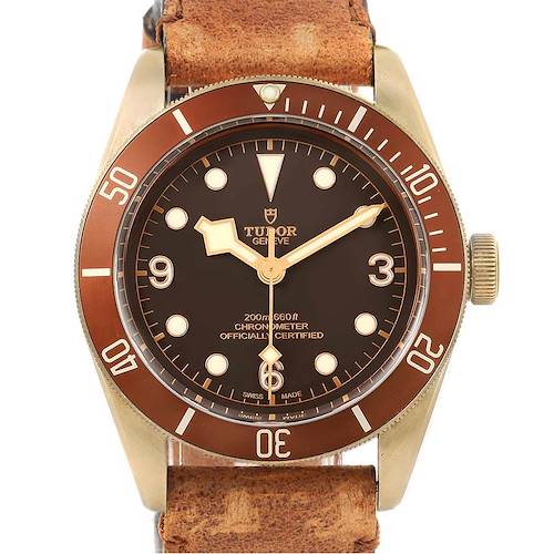 The Tudor Heritage Black Bay 79250B Men's Bronze Brown Dial 79250B Men's Bronze Brown Dial watch is shown from the front, displaying its dial, bezel, and leather strap.