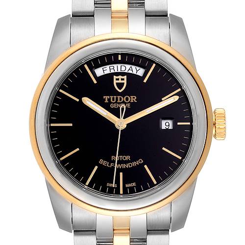 The Tudor Glamour 56003 Men's Steel and Gold (two tone) Black Dial 56003 Men's Steel and Gold (two tone) Black Dial model watch is shown from a front angle, highlighting its face, bezel, and part of the bracelet.