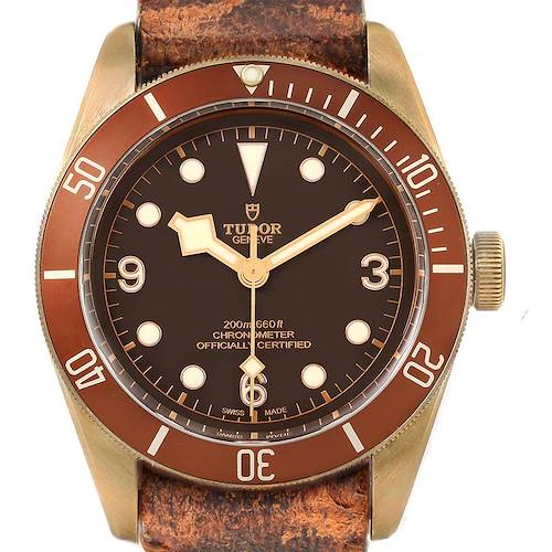 The Tudor Heritage Black Bay 79250B Men's Bronze Brown Dial 79250B Men's Bronze Brown Dial watch is shown from a top-down angle, displaying the dial, bezel, and strap attachment.