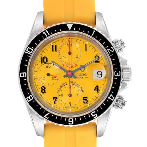 The image shows a front view of a Tudor Tiger 79270 Men's Stainless Steel Yellow Dial 79270 Men's Stainless Steel Yellow Dial watch, showcasing its yellow dial, black bezel, and yellow strap.