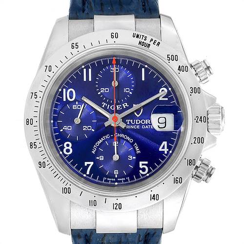 The image shows a front view of a Tudor Tiger 79280P Men's Stainless Steel Blue Dial 79280P Men's Stainless Steel Blue Dial model watch, displaying its dial, bezel, and chronograph subdials.