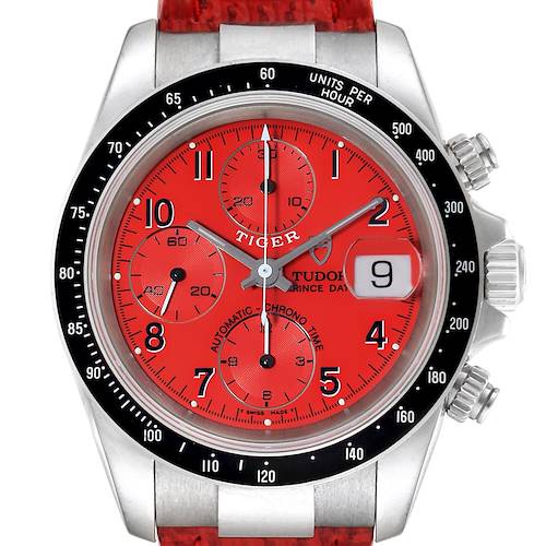 The image shows a front view of the Tudor Tiger 79260 Men's Stainless Steel Red Dial 79260 Men's Stainless Steel Red Dial watch, highlighting its red dial, chronograph subdials, and date window.