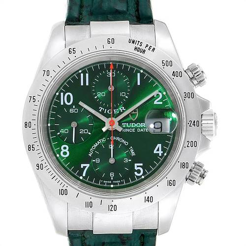 The image shows the front view of the Tudor Tiger 79280P Men's Stainless Steel Green Dial 79280P Men's Stainless Steel Green Dial watch, displaying the dial, bezel, and crown.