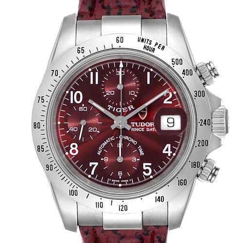 The image shows a front view of the Tudor Tiger 79280P Men's Stainless Steel Burgundy Dial 79280P Men's Stainless Steel Burgundy Dial watch, highlighting its red dial, chronograph subdials, date window, and bezel.