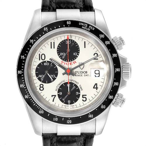 The image shows a front view of the Tudor Tiger 79260 Men's Stainless Steel White Dial 79260 Men's Stainless Steel White Dial chronograph watch, displaying its dial, subdials, bezel, and date function.
