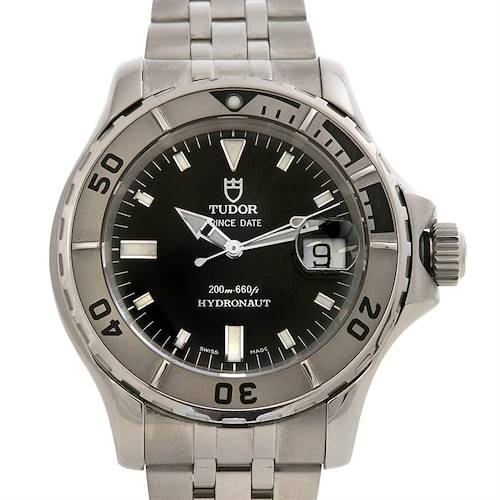 This image shows a Tudor Hydronaut 89190 Men's Stainless Steel Black Dial 89190 Men's Stainless Steel Black Dial watch from a top-down angle, highlighting its dial, bezel, and bracelet.