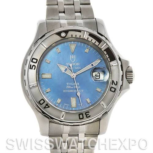 This image shows a frontal view of the Tudor Hydronaut 16220 P Men's Stainless Steel Mother of Pearl Dial 16220 P Men's Stainless Steel Mother of Pearl Dial watch, displaying the face, bezel, and stainless steel bracelet.