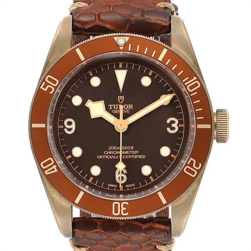The image shows a front view of the Tudor Heritage Black Bay 79250B Men's Bronze Brown Dial 79250B Men's Bronze Brown Dial watch, highlighting the dial, bezel, and strap.