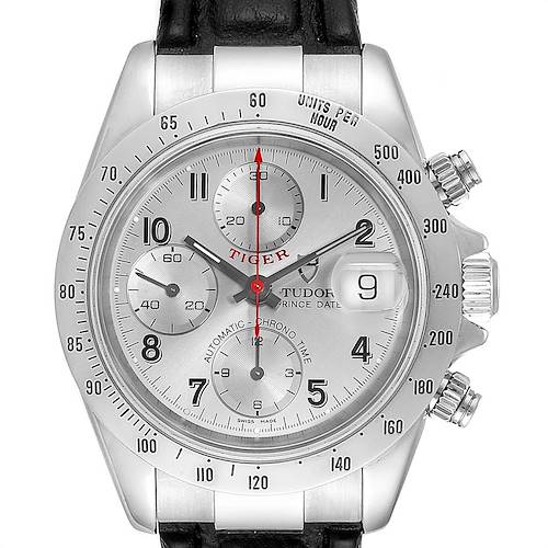 This image shows the front view of the Tudor Tiger 79280P Men's Stainless Steel Silver Dial 79280P Men's Stainless Steel Silver Dial model watch, highlighting its dial, subdials, bezel, and crown.
