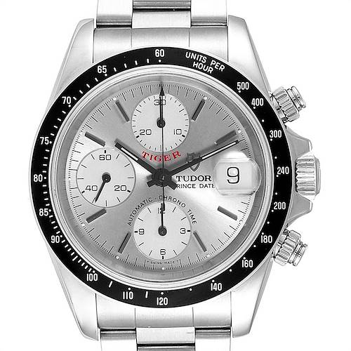 This image shows a front view of the Tudor "Tiger" model watch, highlighting the dial, bezel, crown, pushers, and bracelet.