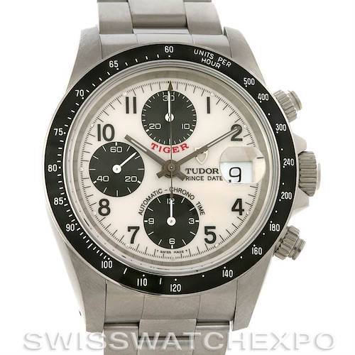The image shows a front view of the Tudor Tiger 79260 Men's Stainless Steel White Dial 79260 Men's Stainless Steel White Dial model watch, displaying the dial, bezel, crown, and chronograph subdials.
