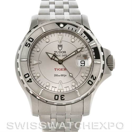 This is a front-angle view of the Tudor Hydronaut 16220 Men's Stainless Steel Silver Dial 16220 Men's Stainless Steel Silver Dial watch, showing the complete dial, bezel, and part of the bracelet.