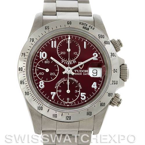 The image shows the front view of the Tudor Tiger 79280 Men's Stainless Steel Burgundy Dial 79280 Men's Stainless Steel Burgundy Dial watch, highlighting the dial, bezel, and metal bracelet.