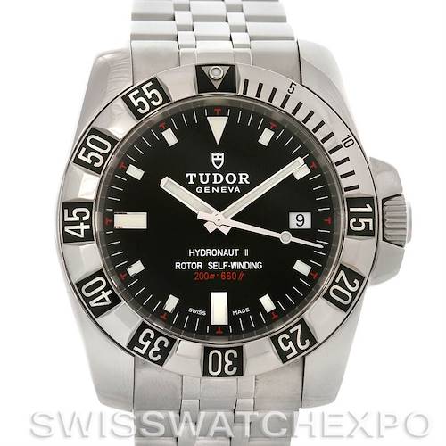 The Tudor Hydronaut 20030 Men's Stainless Steel Black Dial 20030 Men's Stainless Steel Black Dial watch is shown from the front, displaying the dial, bezel, crown, and parts of the bracelet.