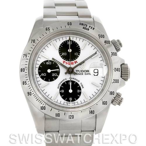 The image shows a front view of the Tudor Tiger 79280 Men's Stainless Steel White Dial 79280 Men's Stainless Steel White Dial model watch, highlighting its dial, bezel, chronograph subdials, and bracelet.