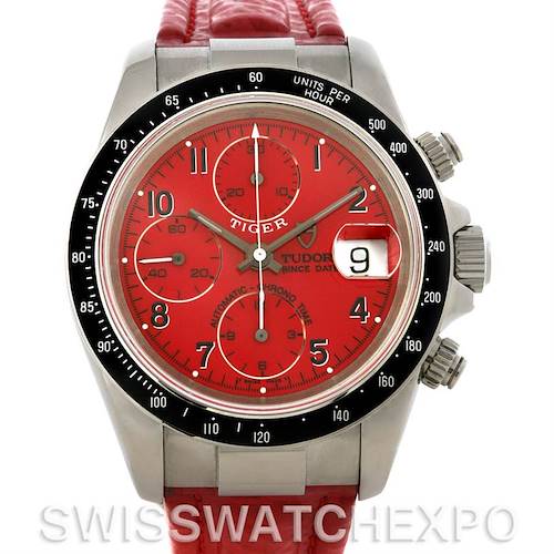 The image shows a front view of a Tudor Tiger 79260 Men's Stainless Steel Red Dial 79260 Men's Stainless Steel Red Dial model, highlighting its red dial, chronograph subdials, date window, and bezel.