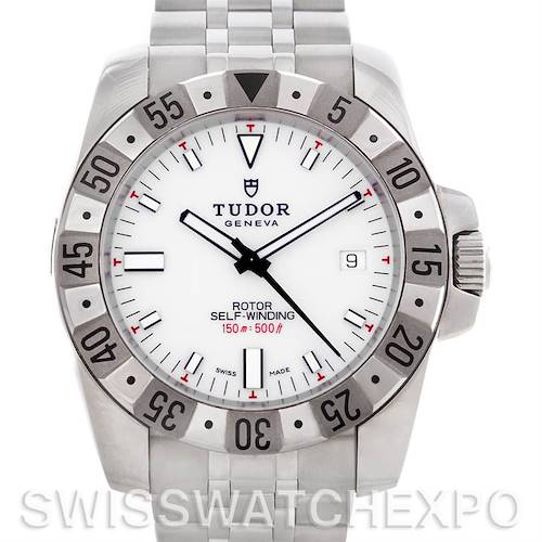 The image shows a Tudor Hydronaut 20020 Men's Stainless Steel White Dial 20020 Men's Stainless Steel White Dial watch face and bezel in a front view angle.