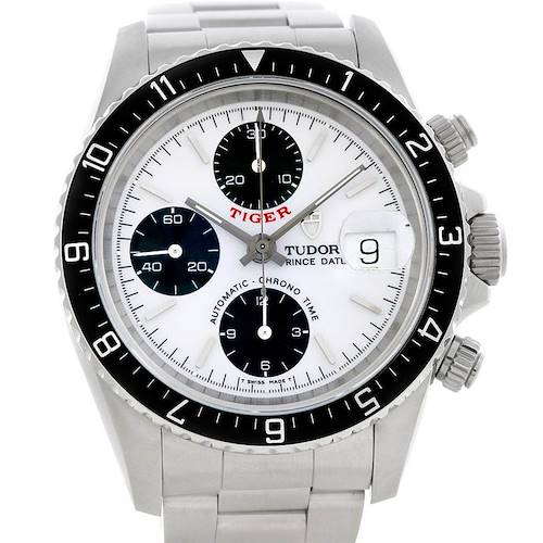 This image shows a front view of the Tudor Tiger 79280 Men's Stainless Steel White Dial 79280 Men's Stainless Steel White Dial model watch displaying the face, bezel, and bracelet.