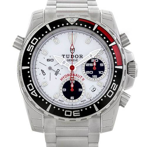 The image shows a front view of the Tudor Hydronaut 20360N Men's Stainless Steel White Dial 20360N Men's Stainless Steel White Dial watch, highlighting the dial, bezel, and crown.