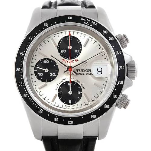 The image shows a front view of a Tudor Tiger 79280 Men's Stainless Steel Silver Dial 79280 Men's Stainless Steel Silver Dial model watch, highlighting its chronograph sub-dials and date window.