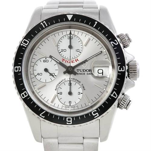 The image shows a front view of the Tudor Tiger 79270 Men's Stainless Steel Silver Dial 79270 Men's Stainless Steel Silver Dial model watch, highlighting the watch face, bezel, and buttons.