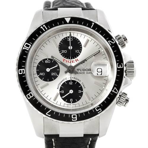 The image shows a front view of a Tudor Prince model watch featuring its dial, bezel, and chronograph subdials.