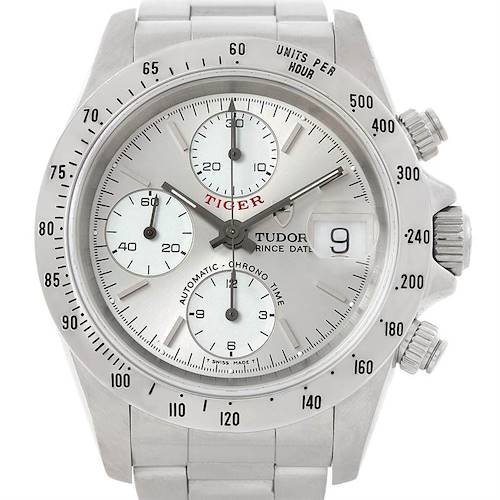 The image shows the front view of a Tudor Prince watch, displaying the dial, subdials, bezel, and crown.